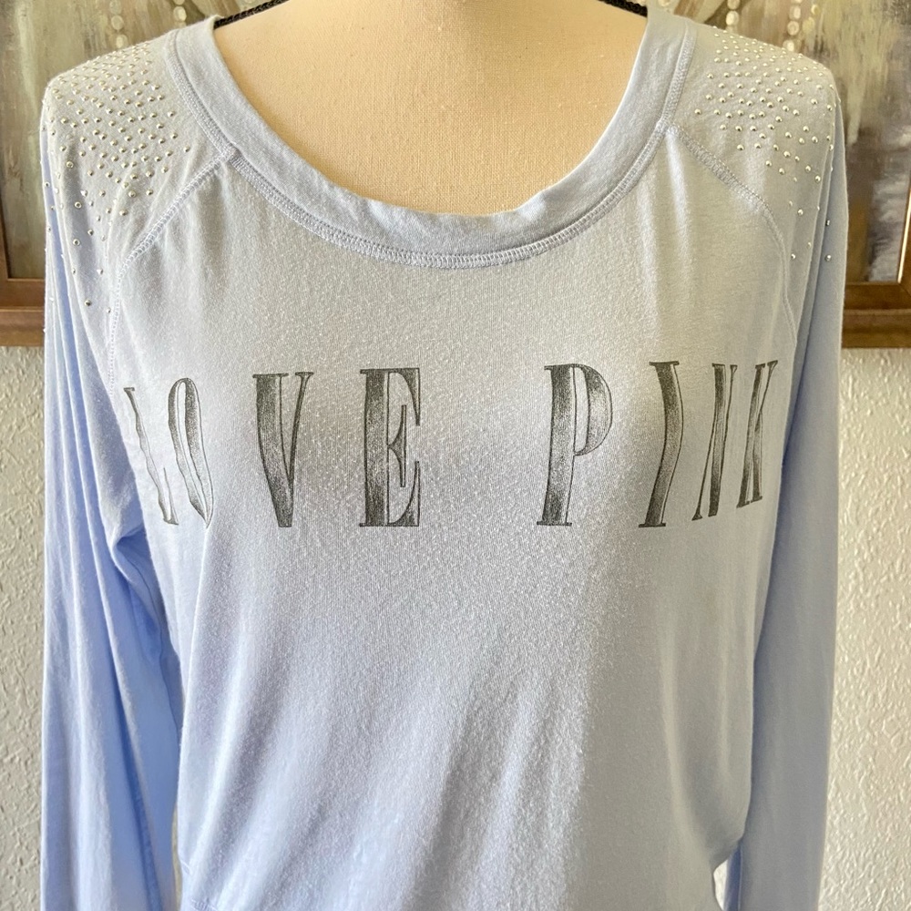 PINK By VS “Love Pink” Pastel Blue Long Sleeve T-shirt silver studds Siz…